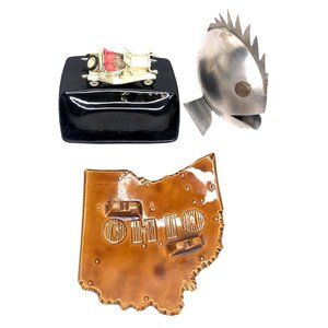 Vintage Ashtray Collection Lot of 3 - Metal fish - Ohio - Car